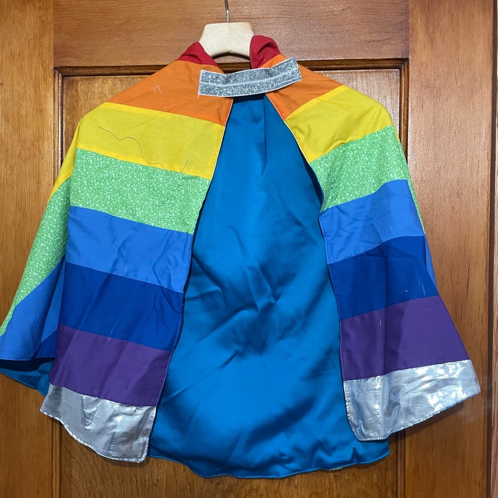 Rainbow Cape with Silver Trim, kid or adult 23in from neck to hem, Pride